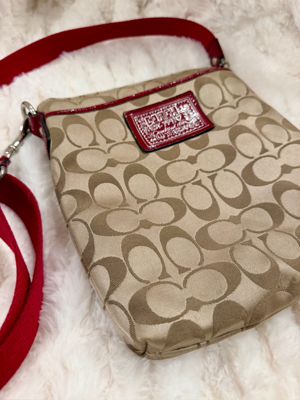 Coach Poppy Signature Canvas Crossbody Bag in Beige with Red Trim